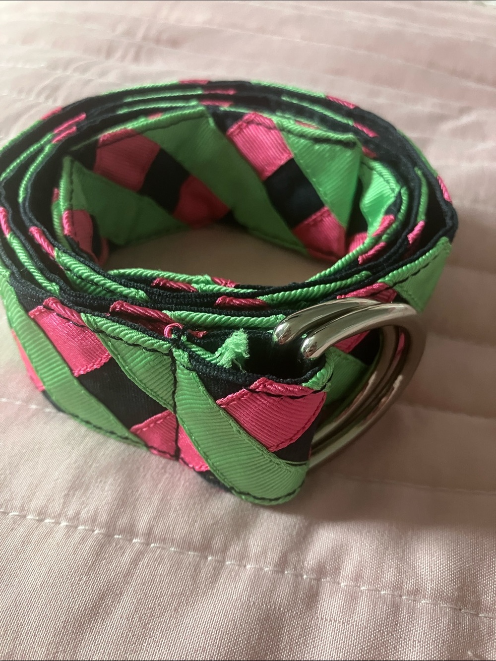 Super preppy green & pink grosgrain ribbon belt M